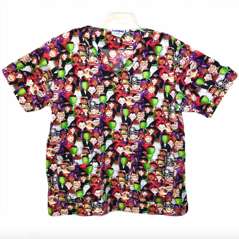 Landau Halloween Scrub Shirt XL Dracula Ghost Frankenstein Clown Nurse Tech Xray